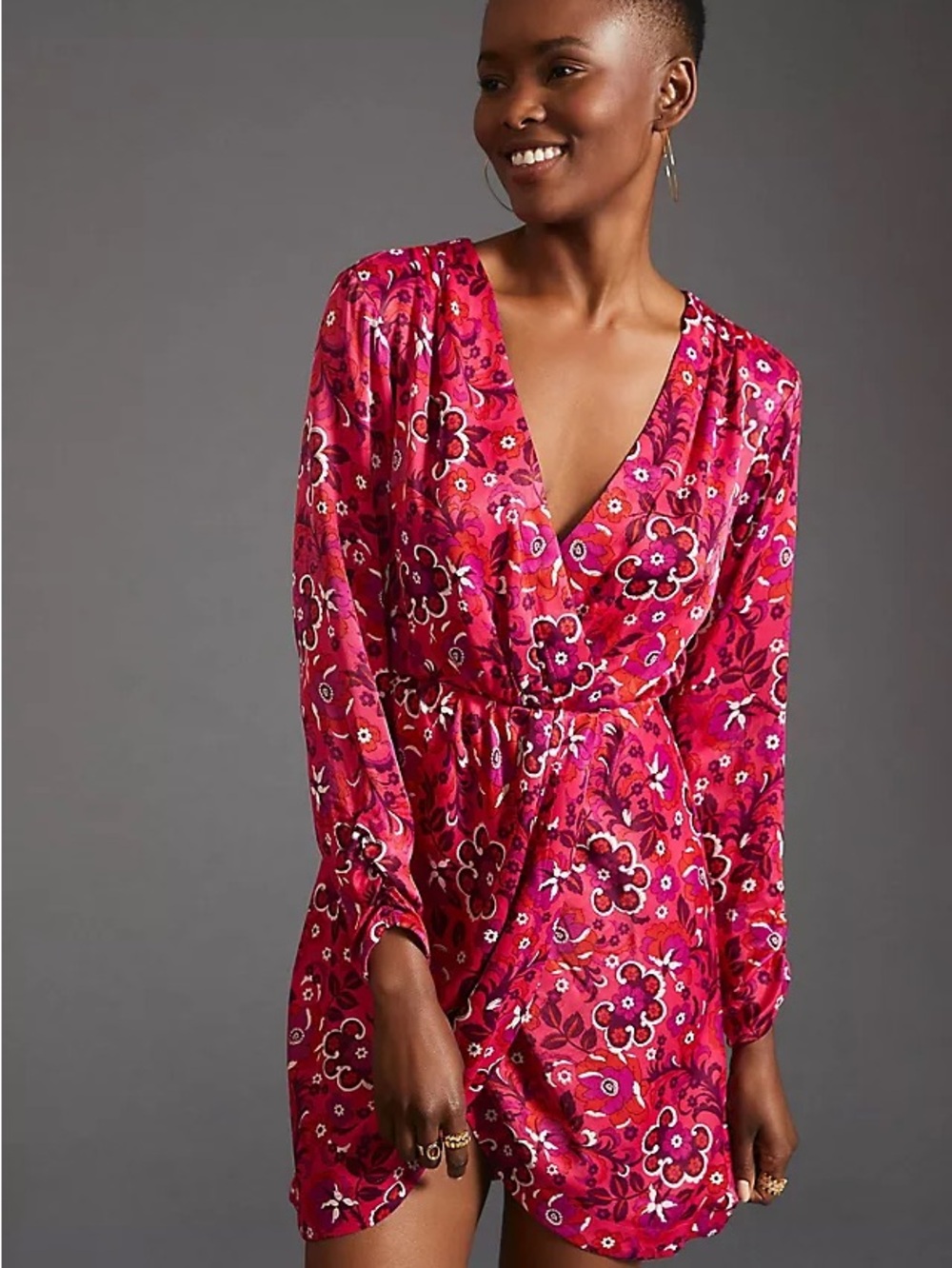 Mauve Hot Pink Floral Wrap Long-Sleeve Dress